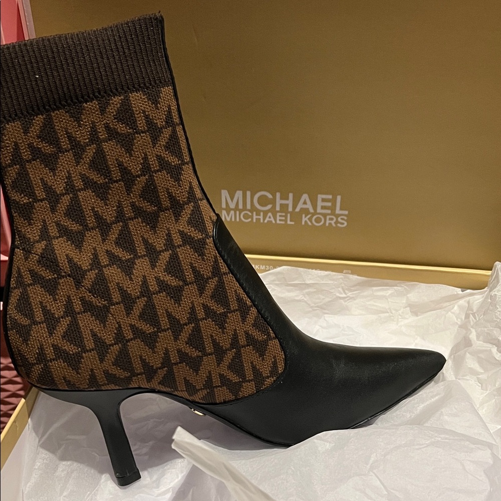 Michael Kors Monogram Heeled Boots (Sock Booties) in Brown/Black - Picture 9 of 14